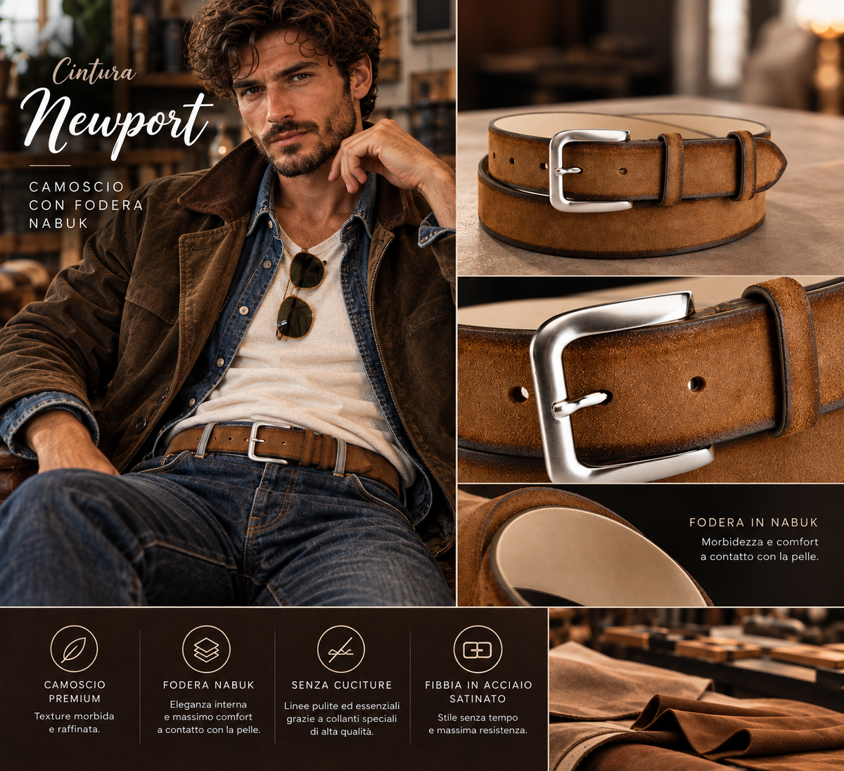 Cintura NEWPORT in camoscio marrone con fodera nabuk, fibbia acciaio satinato, cm 3,5. by TAFTIK