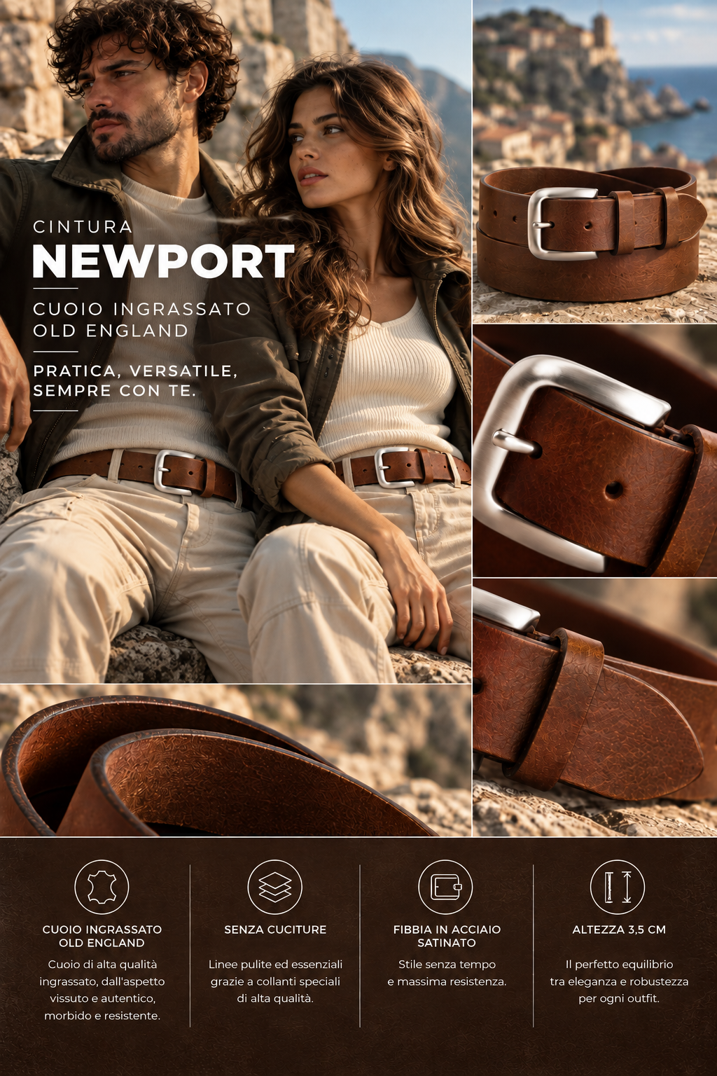 Cintura NEWPORT marrone in cuoio Old England ingrassato, fibbia satinata, cm 3.5. by TAFTIK
