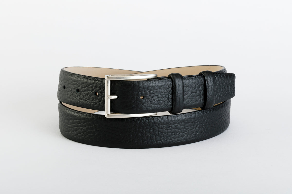 Cintura uomo DANDY TAFTIK in pelle primo fiore Taurus nera con fibbia satinata.