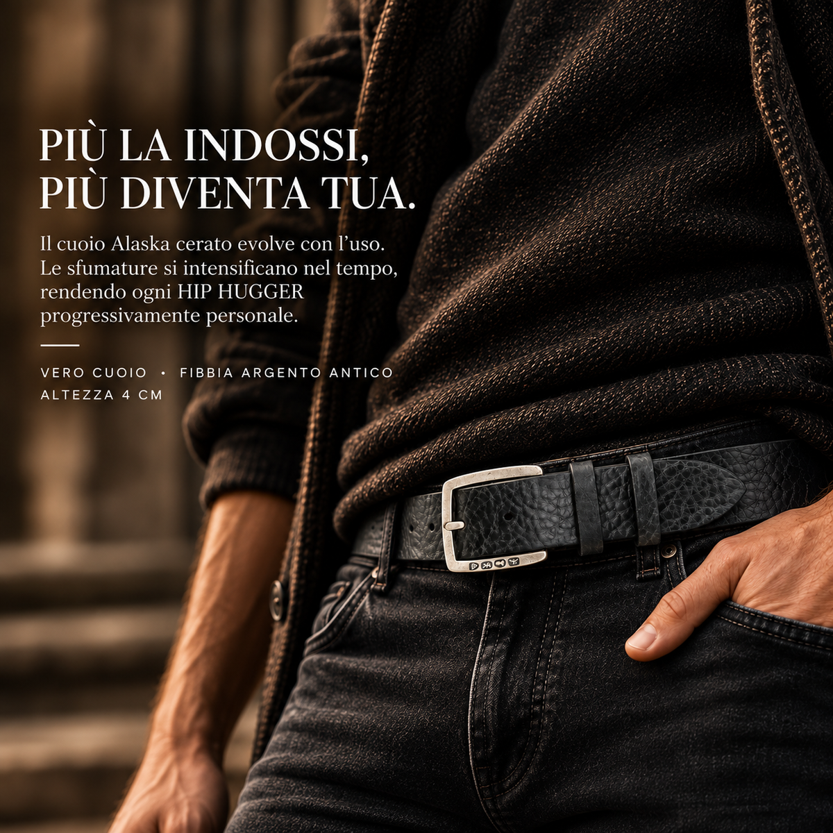 Cintura unisex HIP HUGGER in vero cuoio Alaska cerato con fibbia argento antico, by TAFTIK
