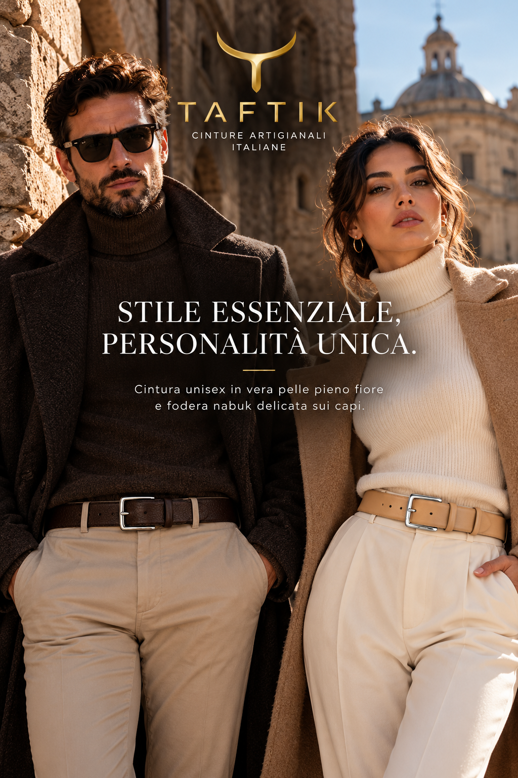 Cinture unisex ESSENTIAL COLOR TAFTIK in pelle pieno fiore, disponibili in sei colori, Made in Italy