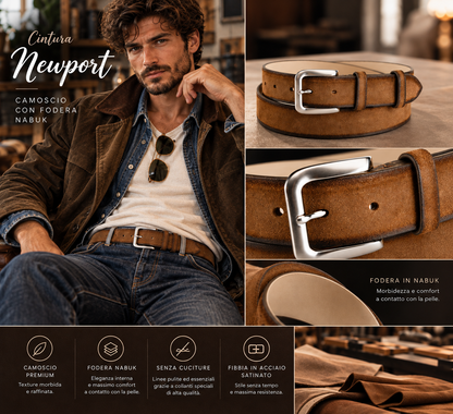 Cintura NEWPORT in camoscio marrone con fodera nabuk, fibbia acciaio satinato, cm 3,5.  by TAFTIK