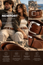 Cintura NEWPORT marrone in cuoio Old England ingrassato, fibbia satinata, cm 3.5. by TAFTIK