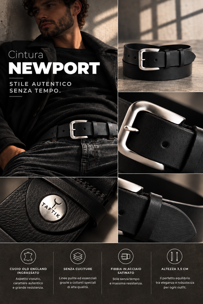 Cintura NEWPORT nera in cuoio Old England ingrassato, fibbia satinata, cm 3.5. by TAFTIK