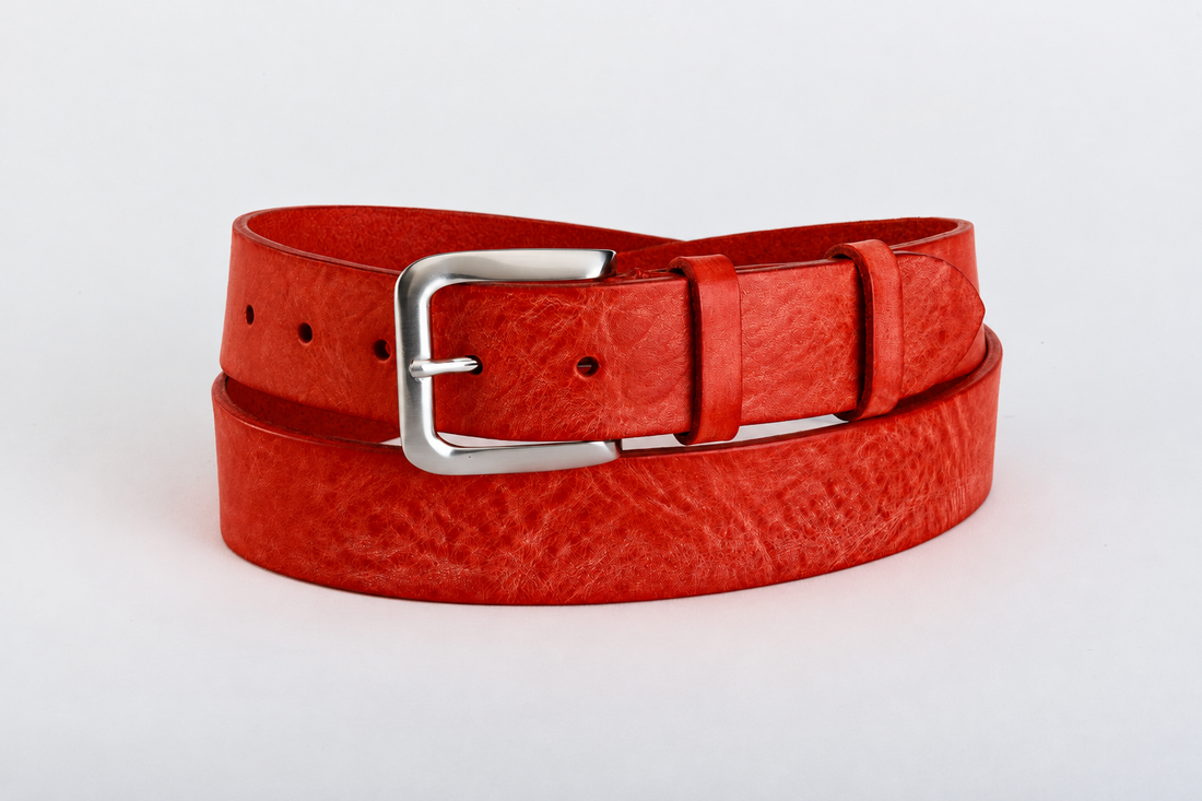 Cintura NEWPORT rosso in cuoio cerato Alaska, fibbia satinata, cm 3.5. by TAFTIK