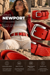 Cintura NEWPORT rosso in cuoio cerato Alaska, fibbia satinata, cm 3.5. by TAFTIK