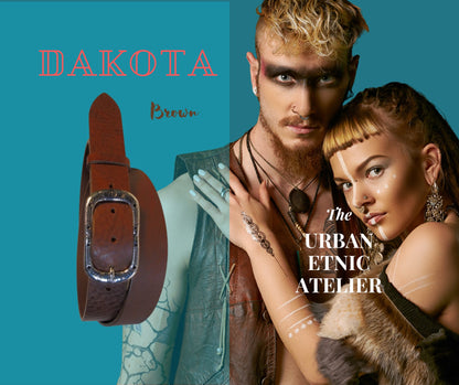 Cintura Unisex in Vero Cuoio - CINTURA DAKOTA by TAFTIK – Fibbia in Palladio Ipoallergenica, Dettagli Etnici ed Eleganza. In 2 Varianti Colore. Altezza cm.3,5