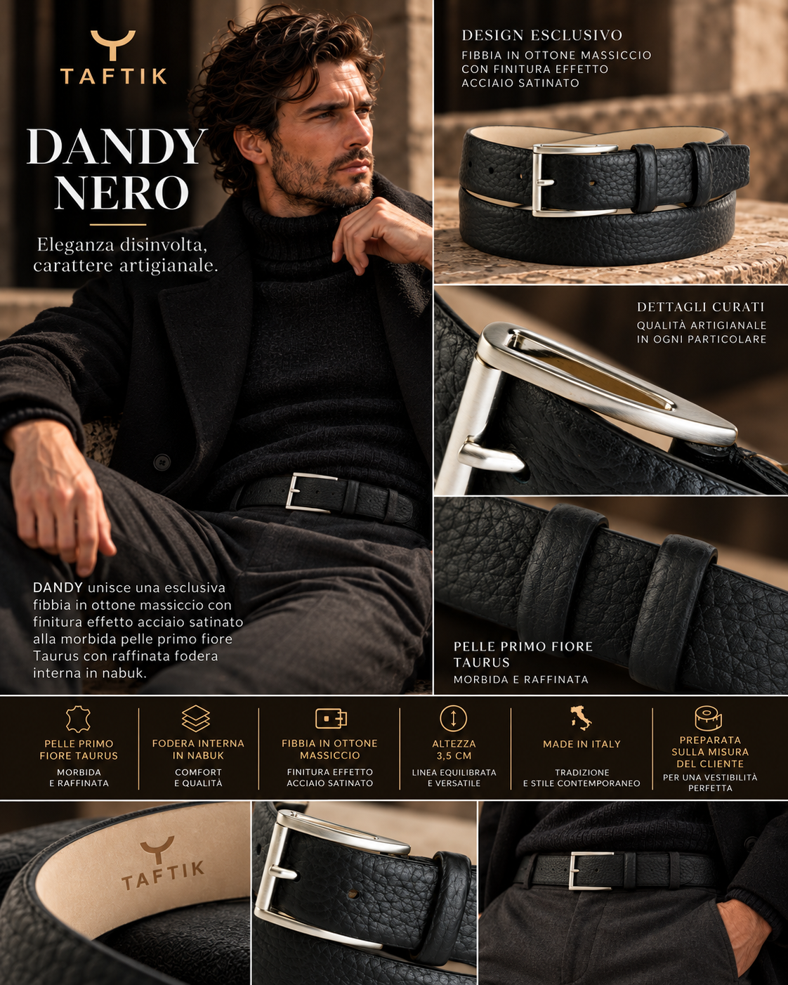 Cintura uomo/donna DANDY TAFTIK in pelle primo fiore Taurus nera con fibbia satinata.
