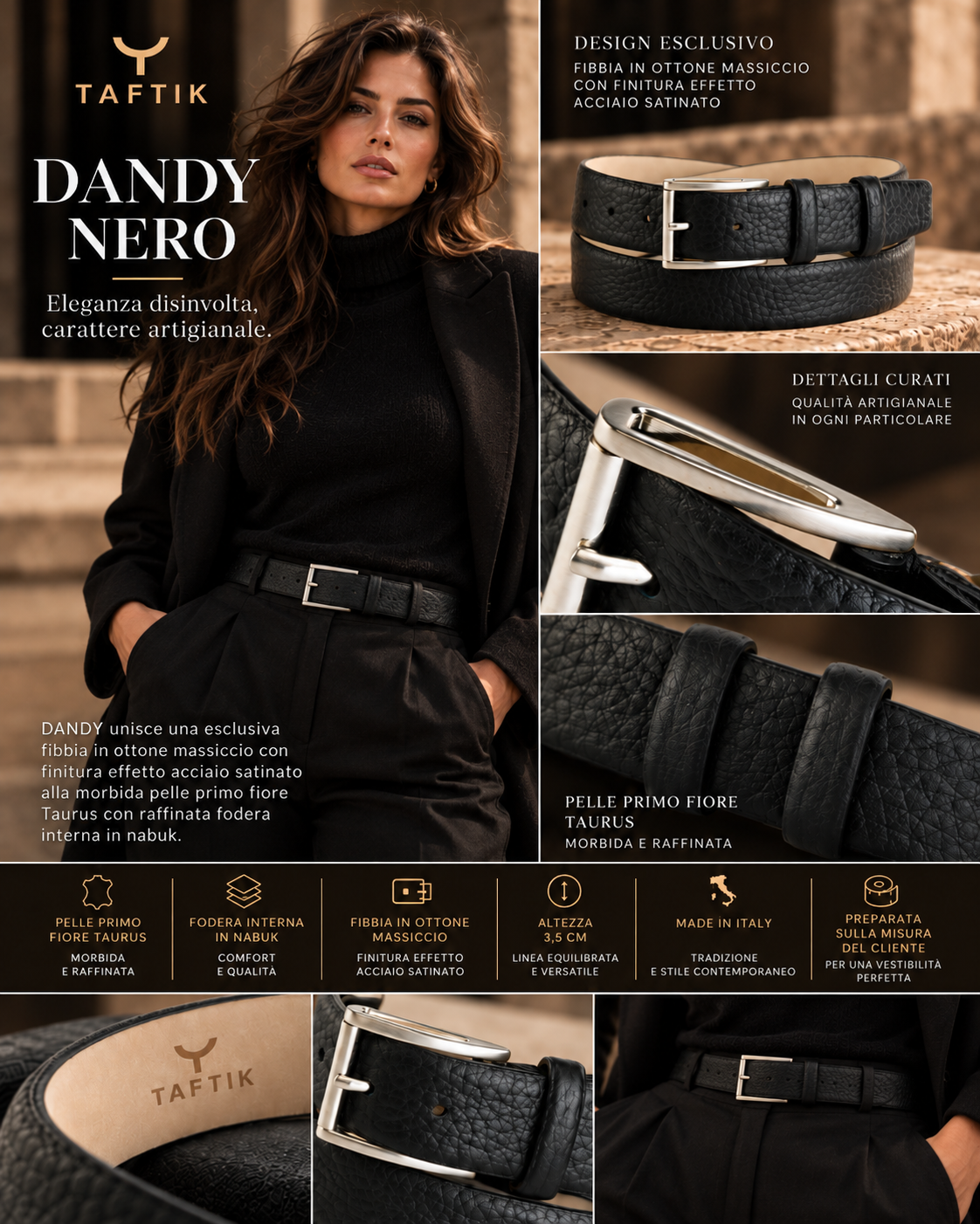 Cintura uomo/donna DANDY TAFTIK in pelle primo fiore Taurus nera con fibbia satinata.