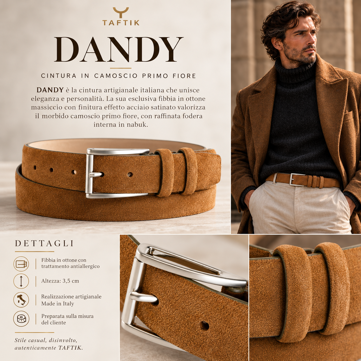 Cintura uomo DANDY TAFTIK in camoscio nocciola con fibbia in ottone satinato.