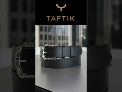 Unisex Belt in Genuine Old England Oiled Leather in Black - TATTOO BELT by TAFTIK – Custom Hypoallergenic Palladium Buckle. Elegance and Strength. Height 4.3 cm.